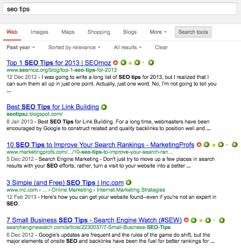 Screenshot of Google SEO tips results